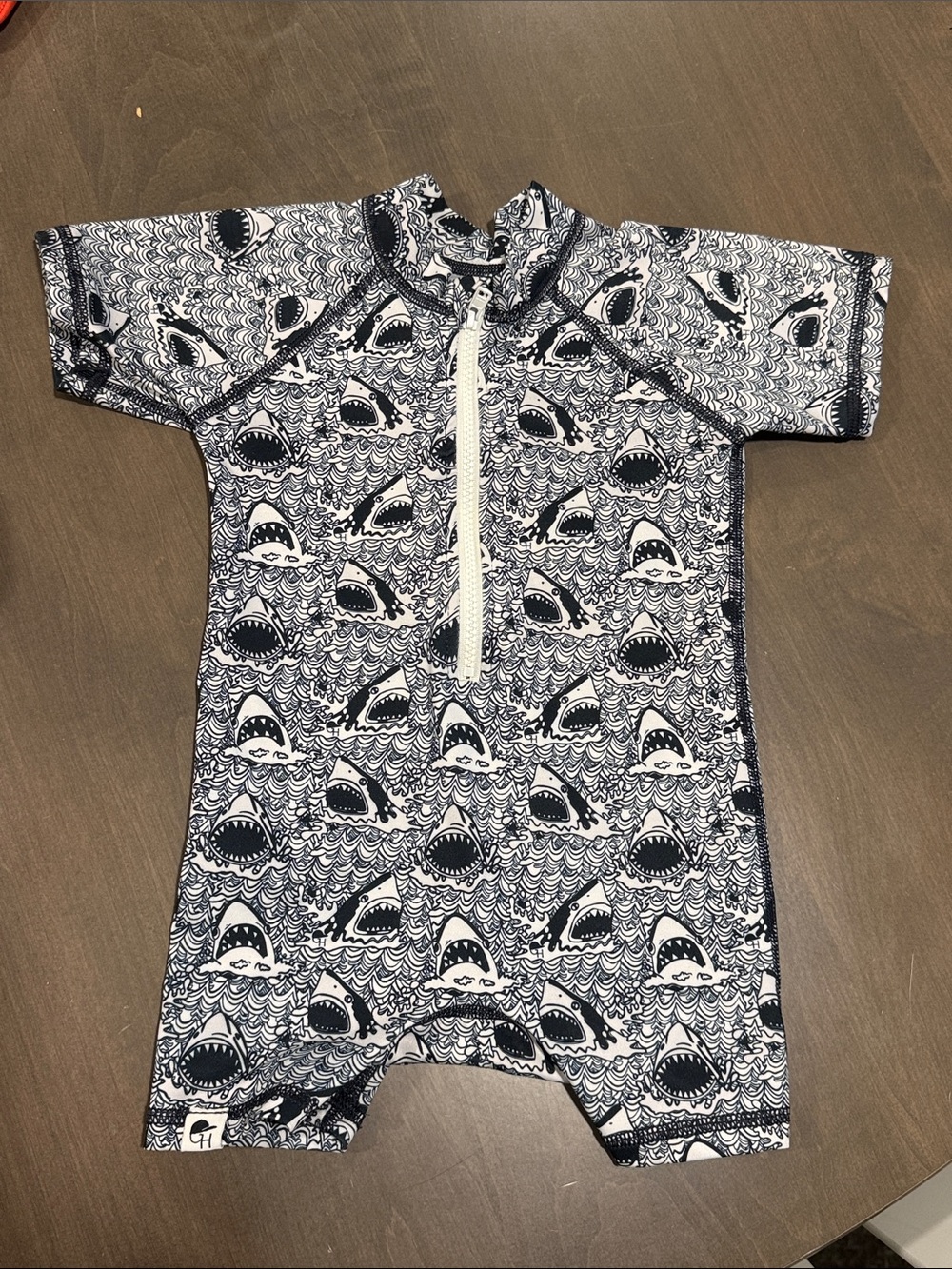 George Hats Navy Shark Print Short-Sleeve Rash Guard Romper - Swim 24-36 months